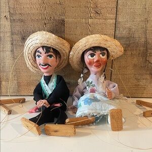 Vintage Pair (2) Of Mexican String Puppet “senorita” & “pistalero” Marionettes